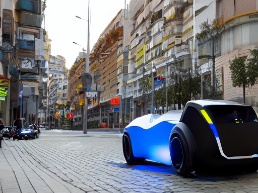 RECORTE3667236519 Futuristic Electric Vehicle In Colon Towers Of Madrid Spain With Homer Simpson
